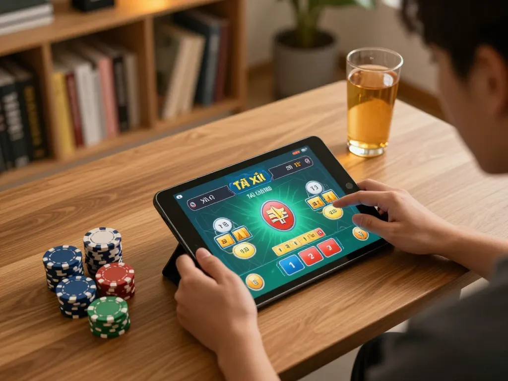 Using the app tài xỉu online uy tín for interactive gameplay on a tablet in a cozy home setting