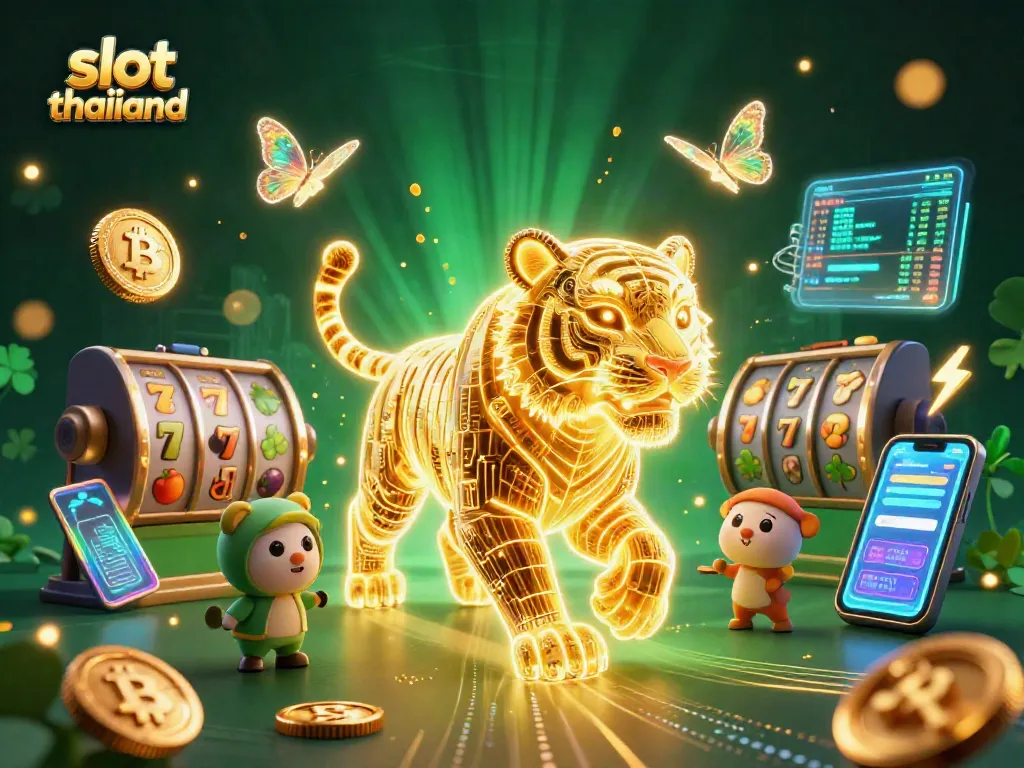 Play slot thailand with vibrant 3D golden tiger and neon elements in a dynamic casino landscape.