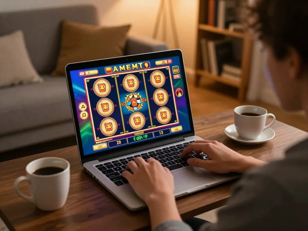 Player spinning the reels on an exciting toto slot game from the comfort of home.
