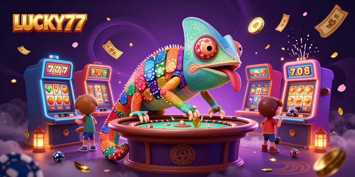 Spin the reels with LUCKY77 and win big in this vibrant casino illustration showcasing excitement.