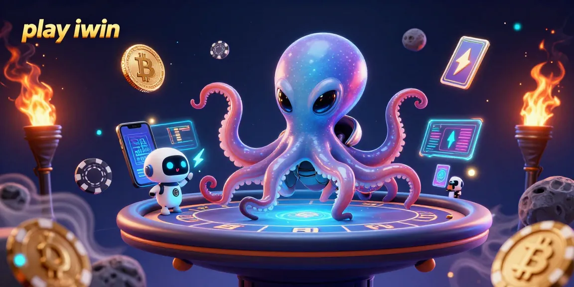 Play iwin and engage with a vibrant alien poker scene featuring cartoon octopus and holographic elements.