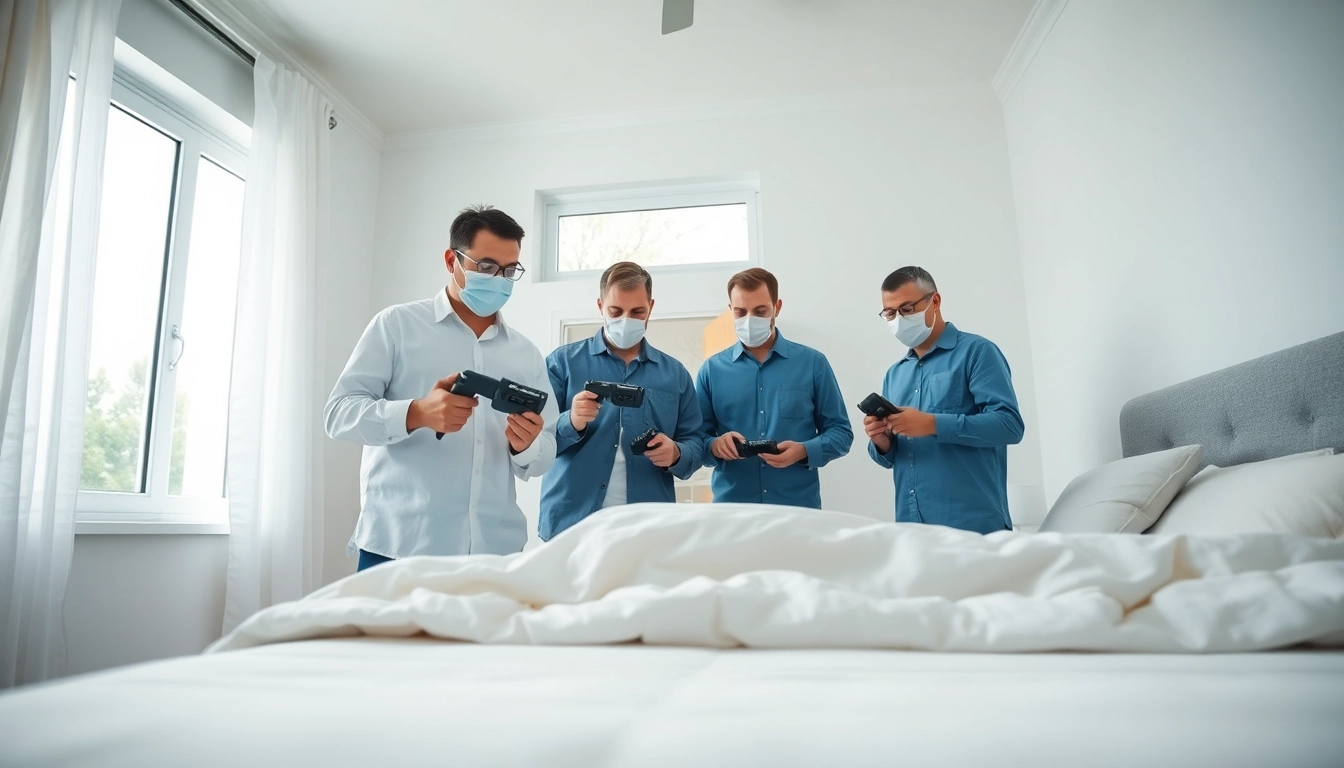 Local bed bug exterminators diligently inspecting a bedroom for bed bug signs.