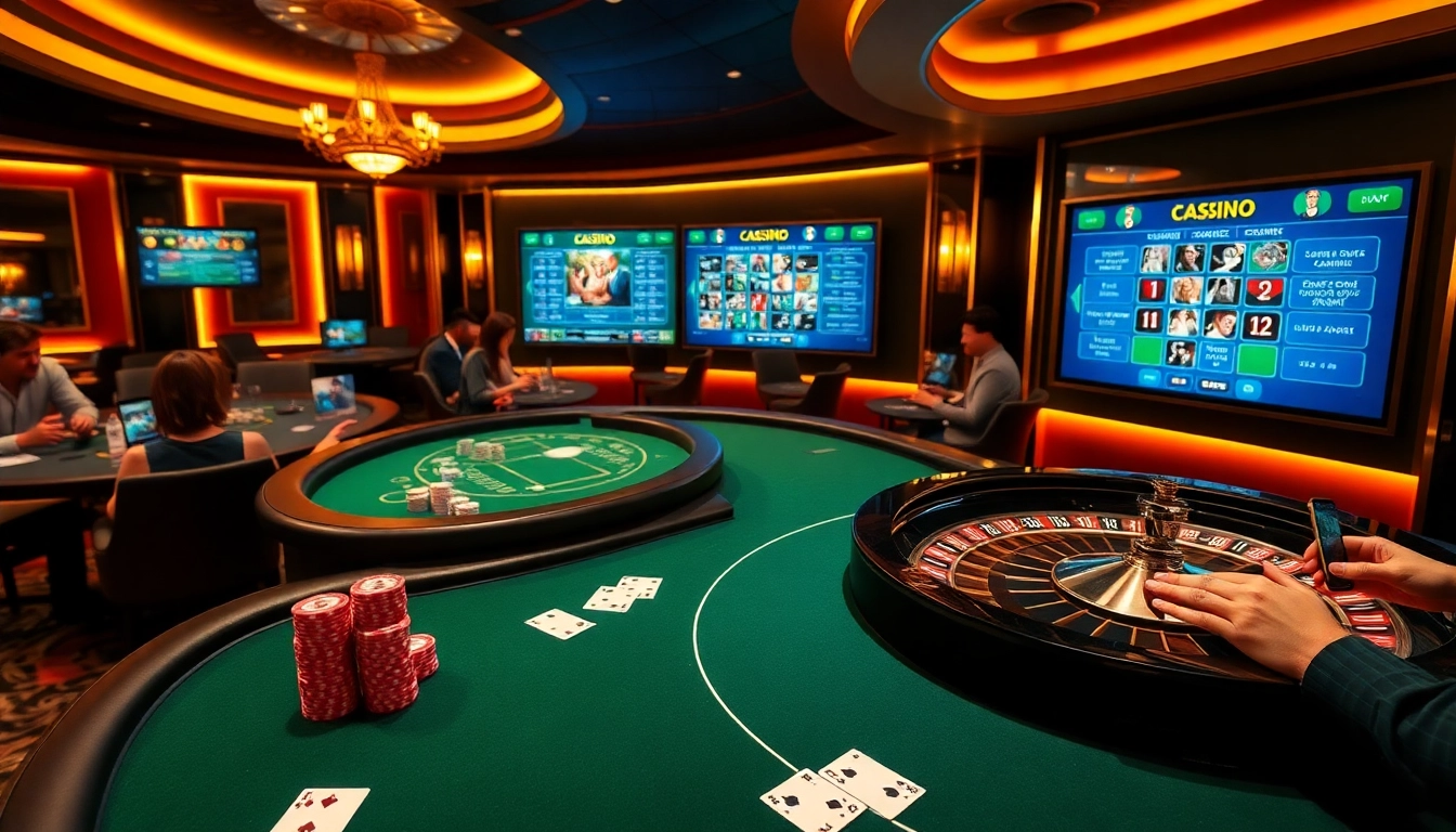 Scène excitante représentant le meilleur casino en ligne France avec des tables de poker vibrantes et des joueurs engagés dans des jeux en ligne.