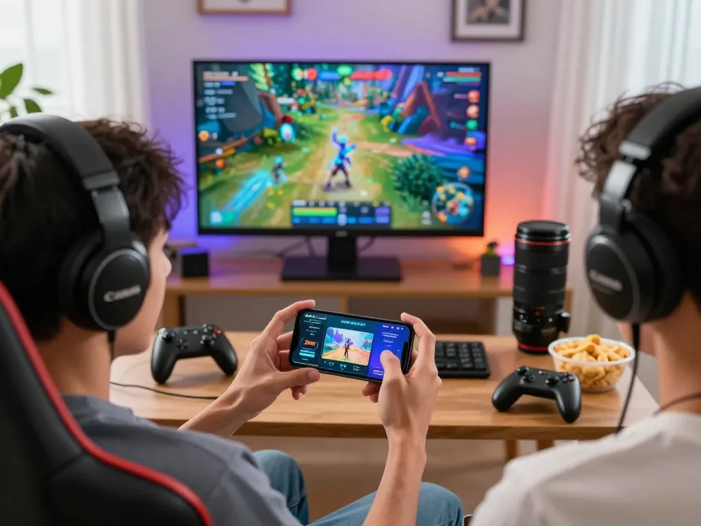 Excited player using the Go88 app to tải go88 with vibrant game graphics and accessories in a cozy gaming setup.