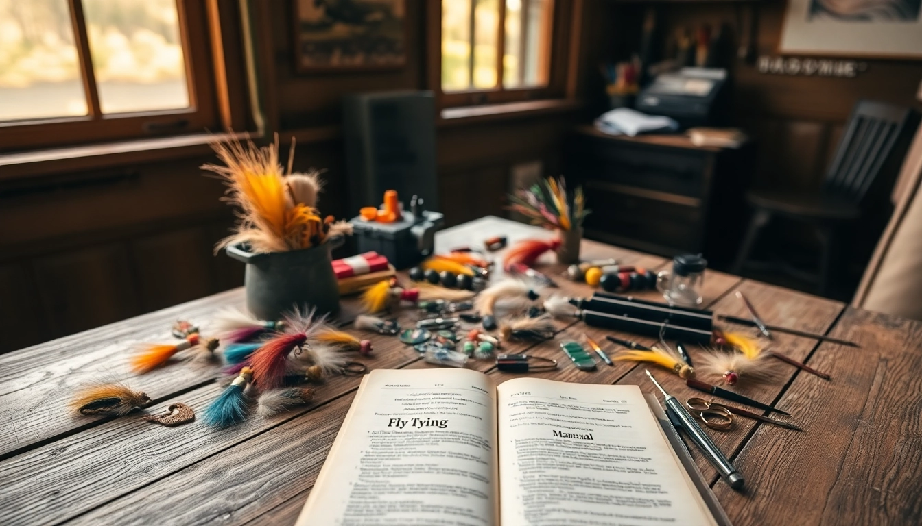 Engaging fly tying scene featuring vibrant materials and tools on a rustic table.