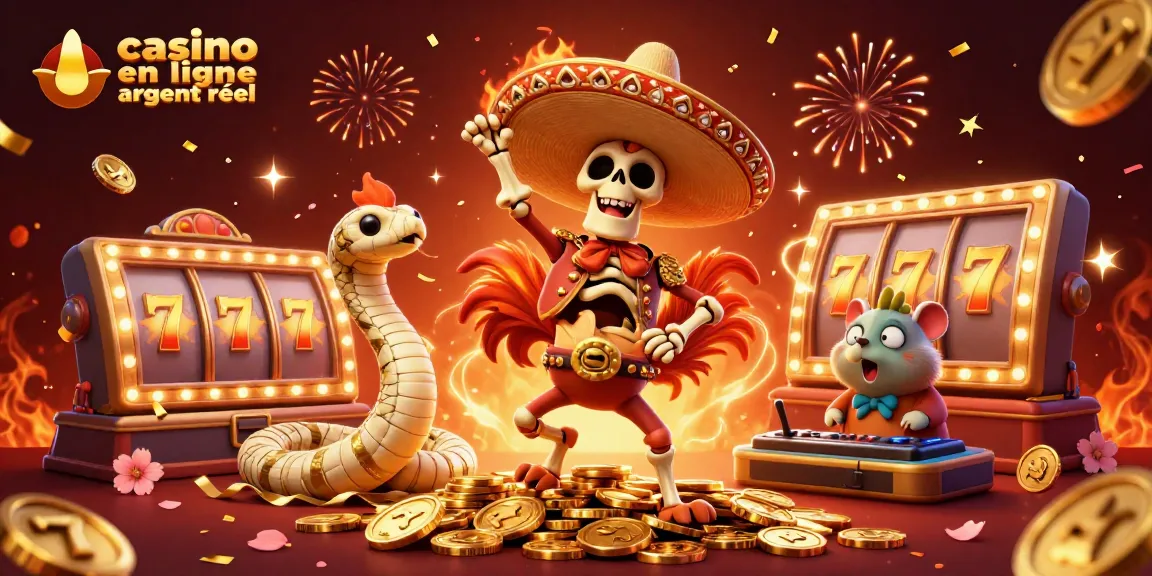 Fêtez avec un casino en ligne argent réel animé, présentant des personnages festifs au milieu de machines à sous et de confettis en or.