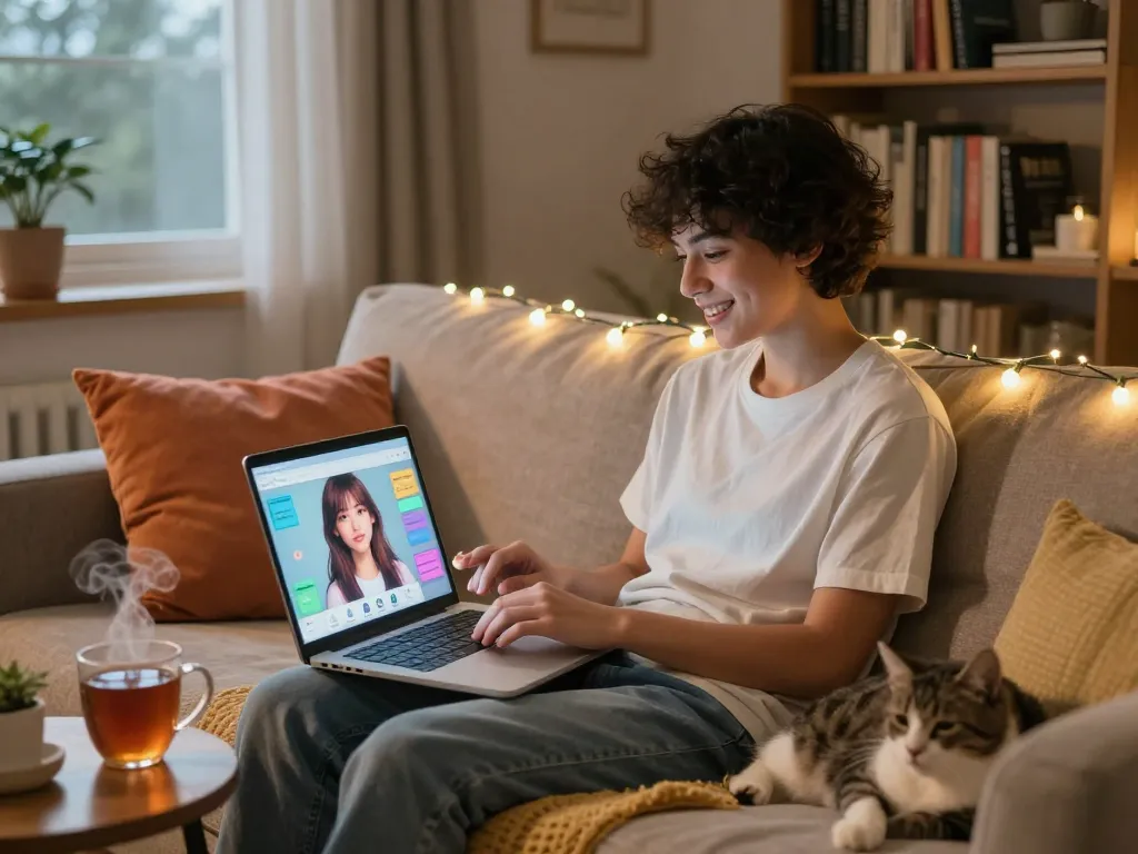 Engaged interaction with an AI girlfriend in a cozy home setting, reflecting warmth and companionship.