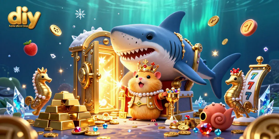 Engaging scene from a diy home décor blog with a hamster king amidst riches and casino elements.