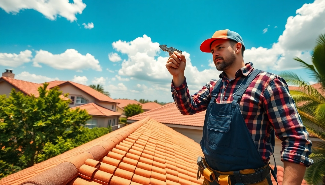 Professional roofing services with an expert roofer inspecting a vibrant residential roof under clear skies.