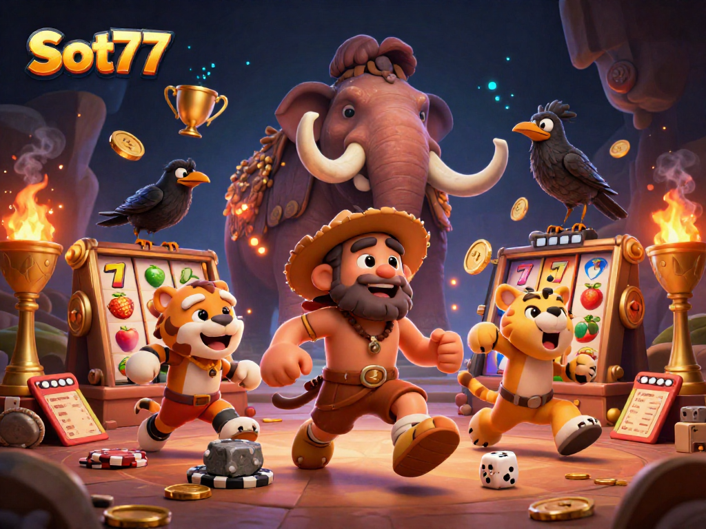 Slot77 menampilkan gambaran visual menarik dari kasino prasejarah yang mengasyikkan dengan karakter unik.