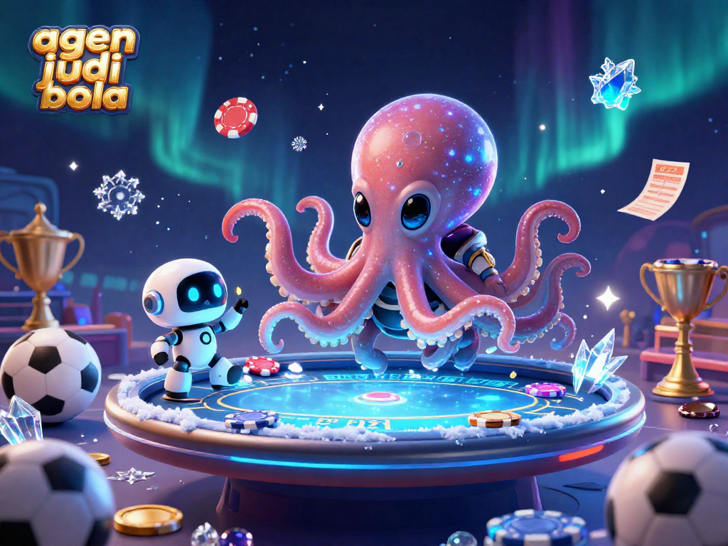 Engage with agen judi bola through an exciting illustration of cosmic sports betting featuring an alien octopus.