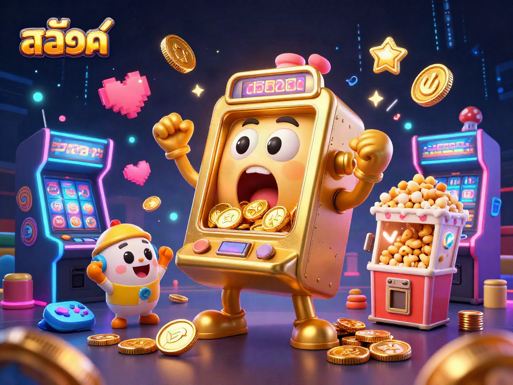Play สล็อต with a golden slot machine celebrating a jackpot, coins flying everywhere.