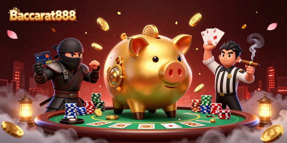 Baccarat888 depicts an epic casino scene with animated characters battling for coins while gambling.
