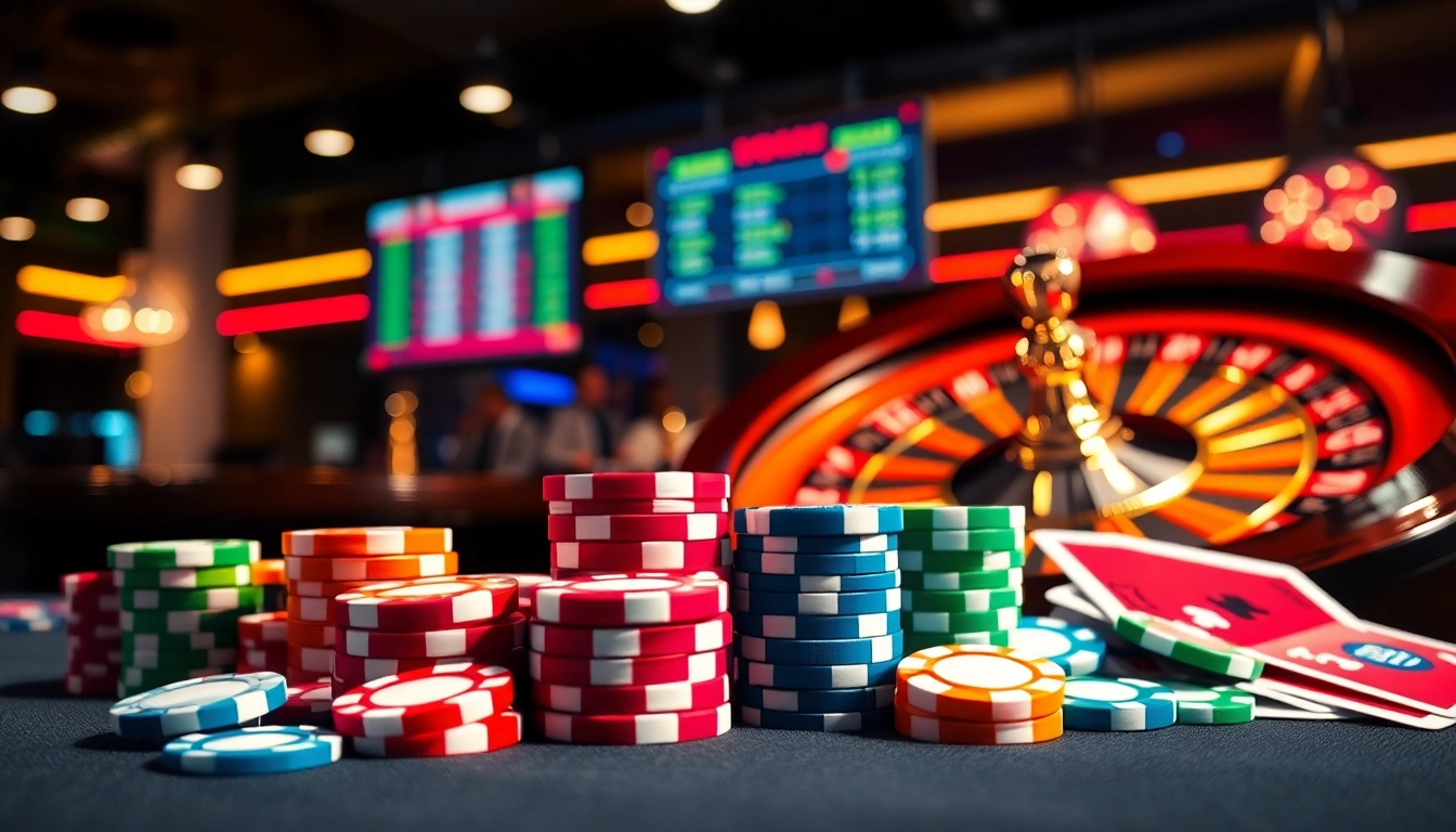 Engaging scene of online casino UK setup with vibrant casino chips and poker cards.