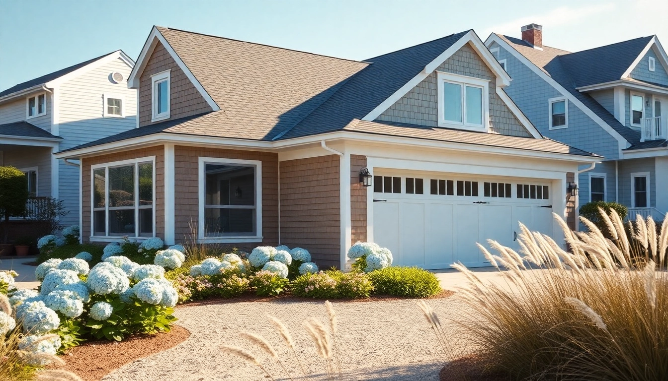 Cape Cod home addition with attached garage and beautiful coastal landscaping.