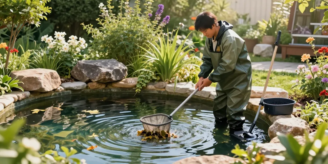 Pond Clean London service in action, gardener cleaning debris from a sparkling garden pond in a lush backyard.