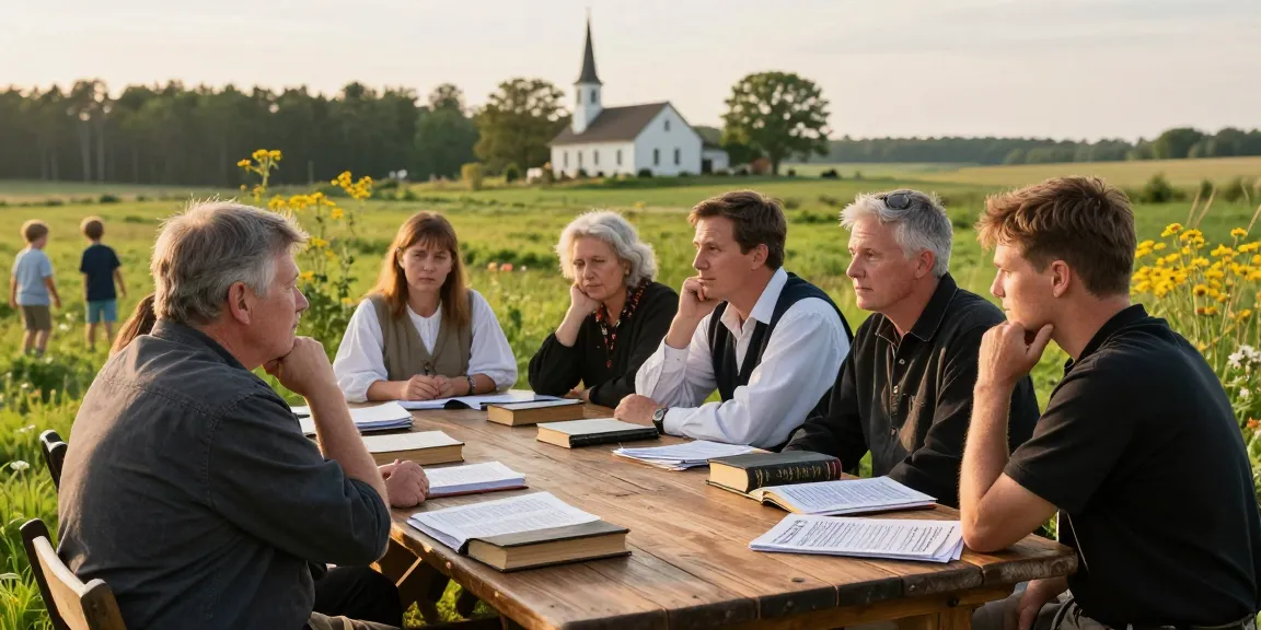 A gathering discussing mennonite doctrine amidst a serene rural setting, showcasing community, tradition, and faith.
