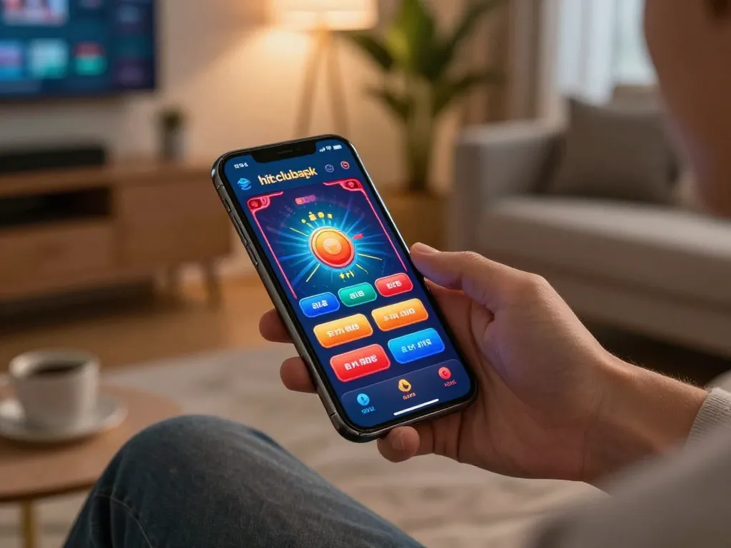 Experience online gambling excitement with hitclubapk app showcased on smartphone in cozy living room setting
