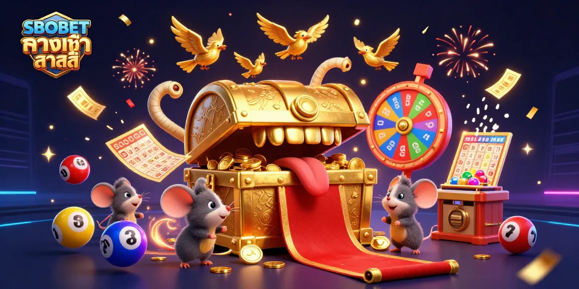 SBOBET ทางเข้า ล่าสุด showcases engaging casino adventure with treasure chests, animated characters, and lively elements.