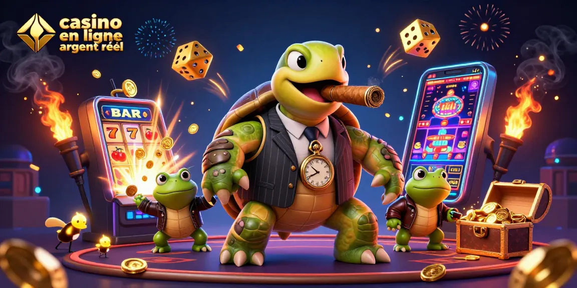 Visuel captivant de casino en ligne argent réel avec une tortue géante en costume, accompagnée de grenouilles et des éléments de jeux dynamiques.
