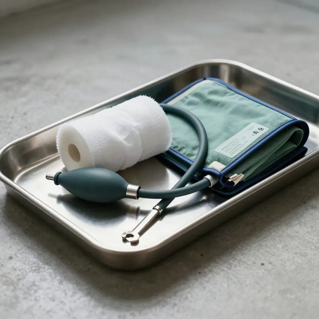 Stainless hospital tray with gauze rolls, otoscope tip, and teal cuff tube on cool concrete.