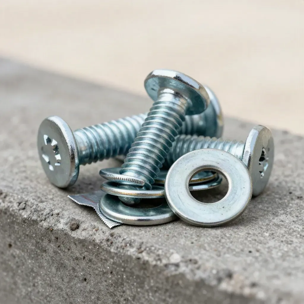 Macro of galvanized bolts, washers and steel mesh on concrete in dramatic low light