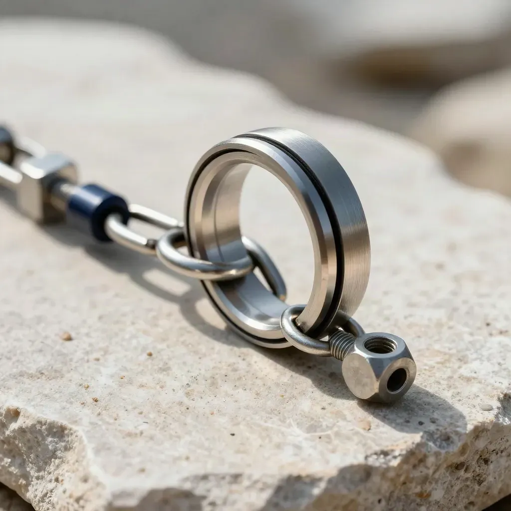 Machined aluminum ring with gasket and hex fasteners on pale stone in moody close-up