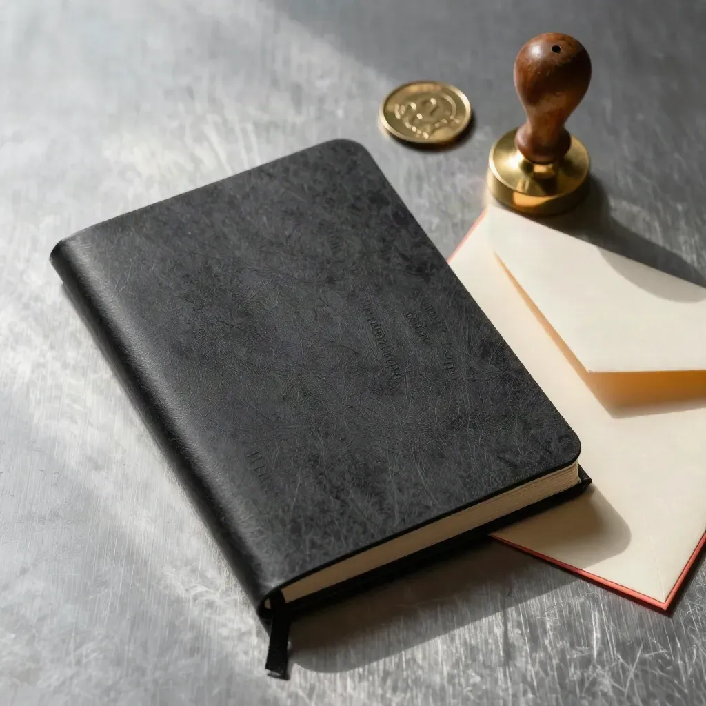 Charcoal ledger, brass weights, folded envelope and seal on brushed metal under soft daylight.