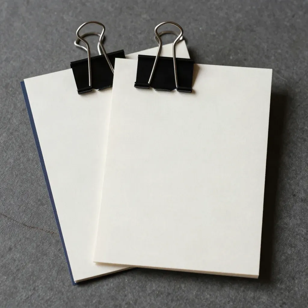 Overhead macro of two blank proof cards clipped on graphite stone, one corner lifting.