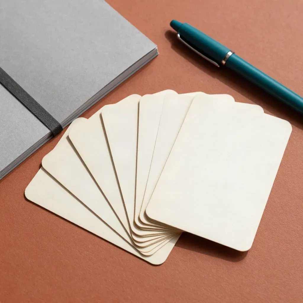 Top-down macro of fanned cards, a teal pen cap, and a proof booklet on terracotta plaster.