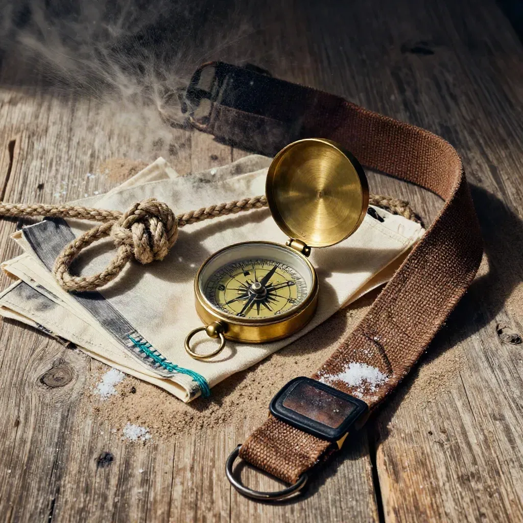 Brass compass, rope knot, sailcloth swatches and canvas strap on timber