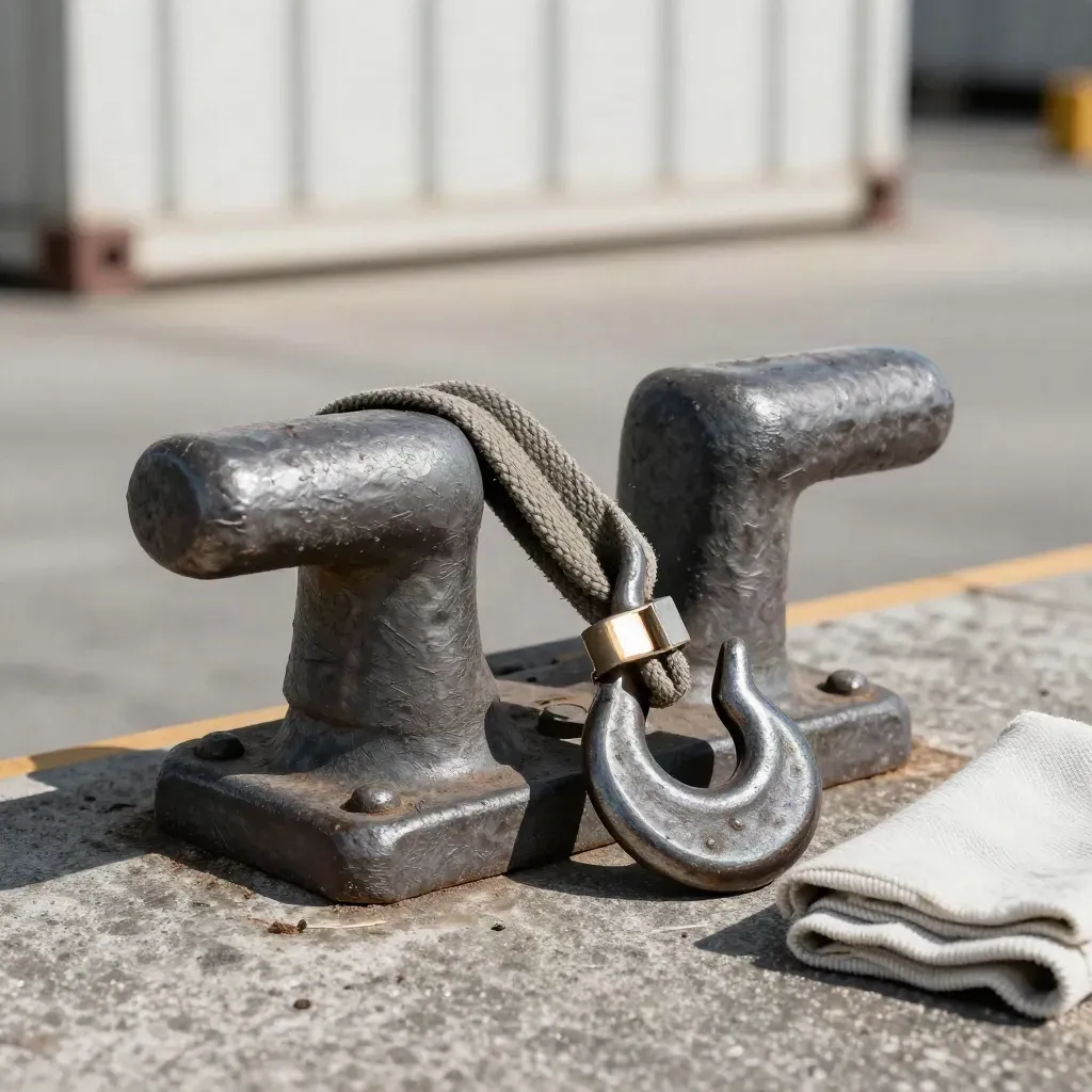 Dock cleat, cargo buckle, hook and folded canvas on concrete in dramatic macro light.