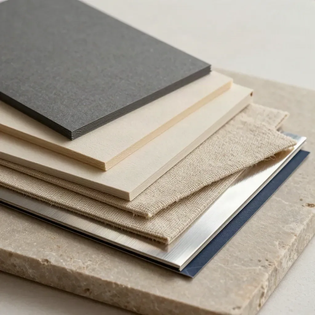 Paper swatches, linen sample, and foil edge on limestone under a hard raking light.