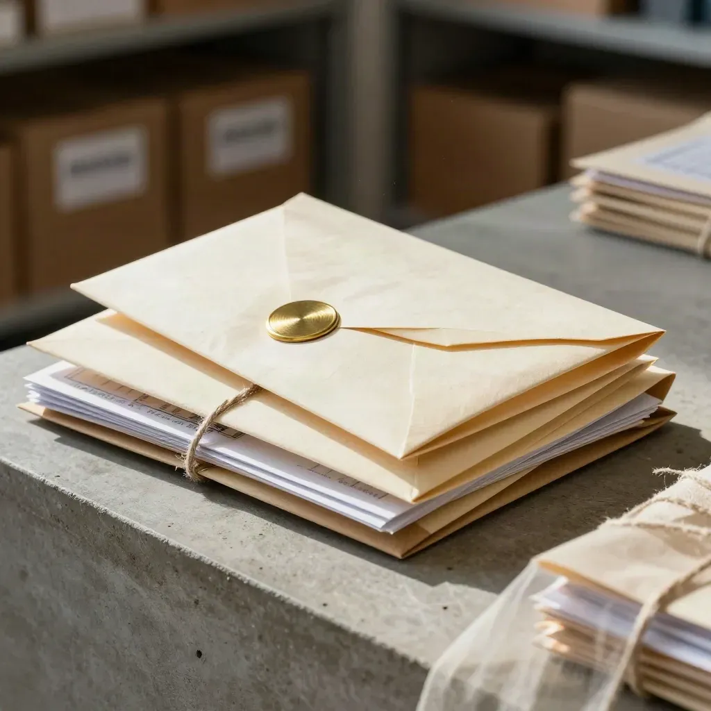 Donation envelopes, brass seal, canvas tote and tied bundle on a slate concrete counter.