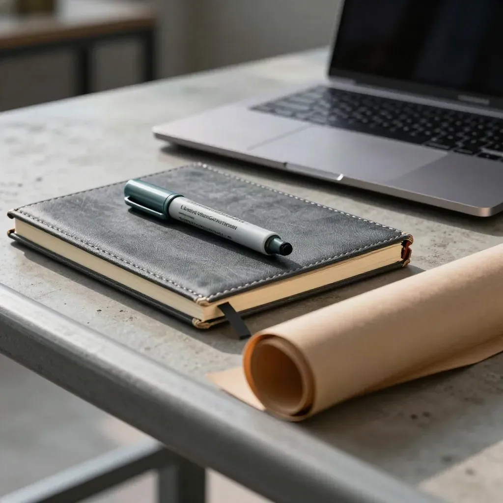 Closed laptop, notebook, marker, and kraft paper roll in a dramatic close-up