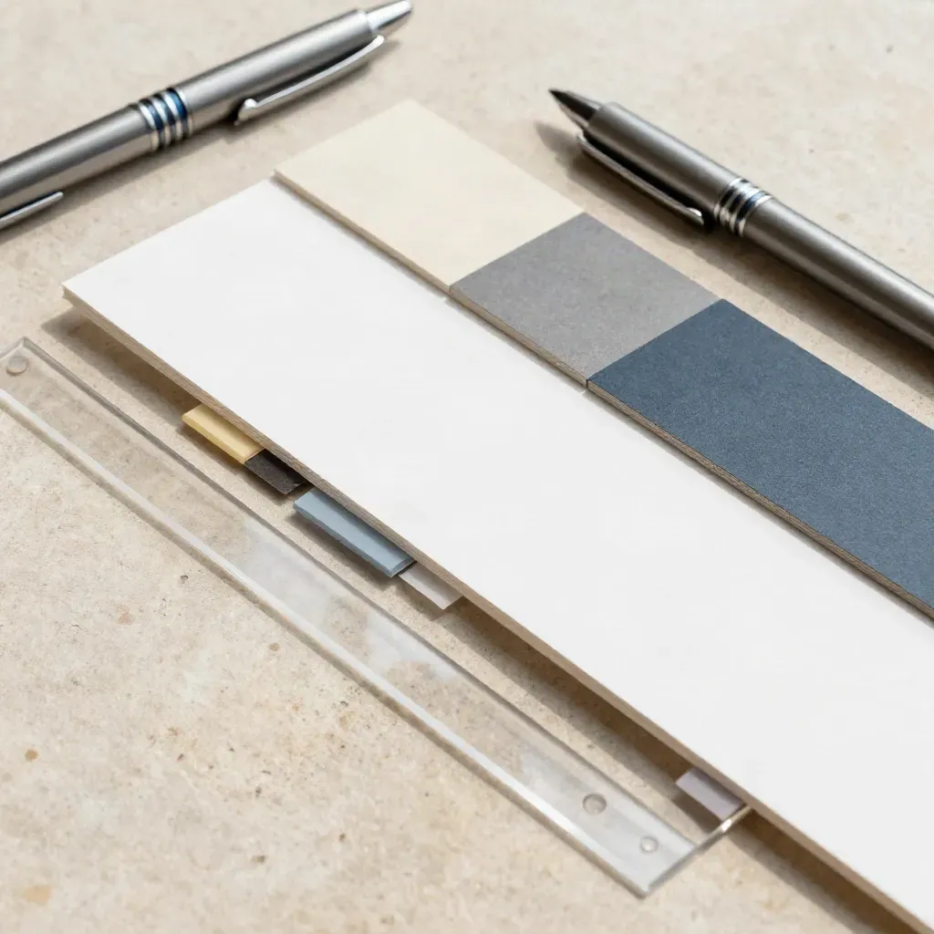 Top-down split-test flatlay with paper tiles, color tabs and precision pens on pale stone