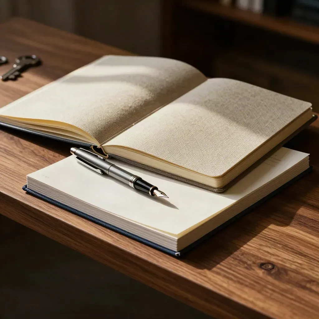 Launch notebooks, fountain pen, and pitch sleeve in dramatic still life on walnut shelf.