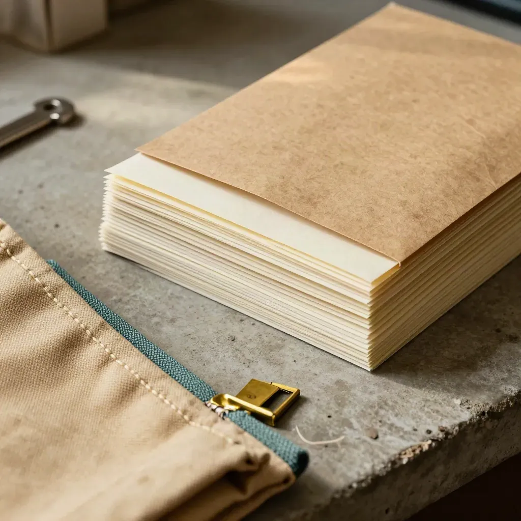Rubber-banded campaign packets, khaki tote and brass clip on concrete in warm macro light.