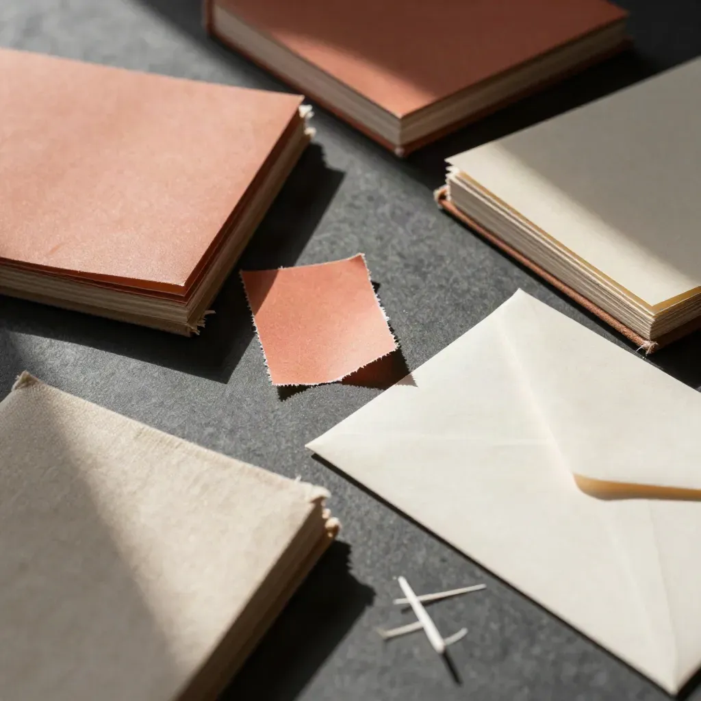 Overhead swatch books with a torn coral strip and sealed envelope on a dark tabletop.