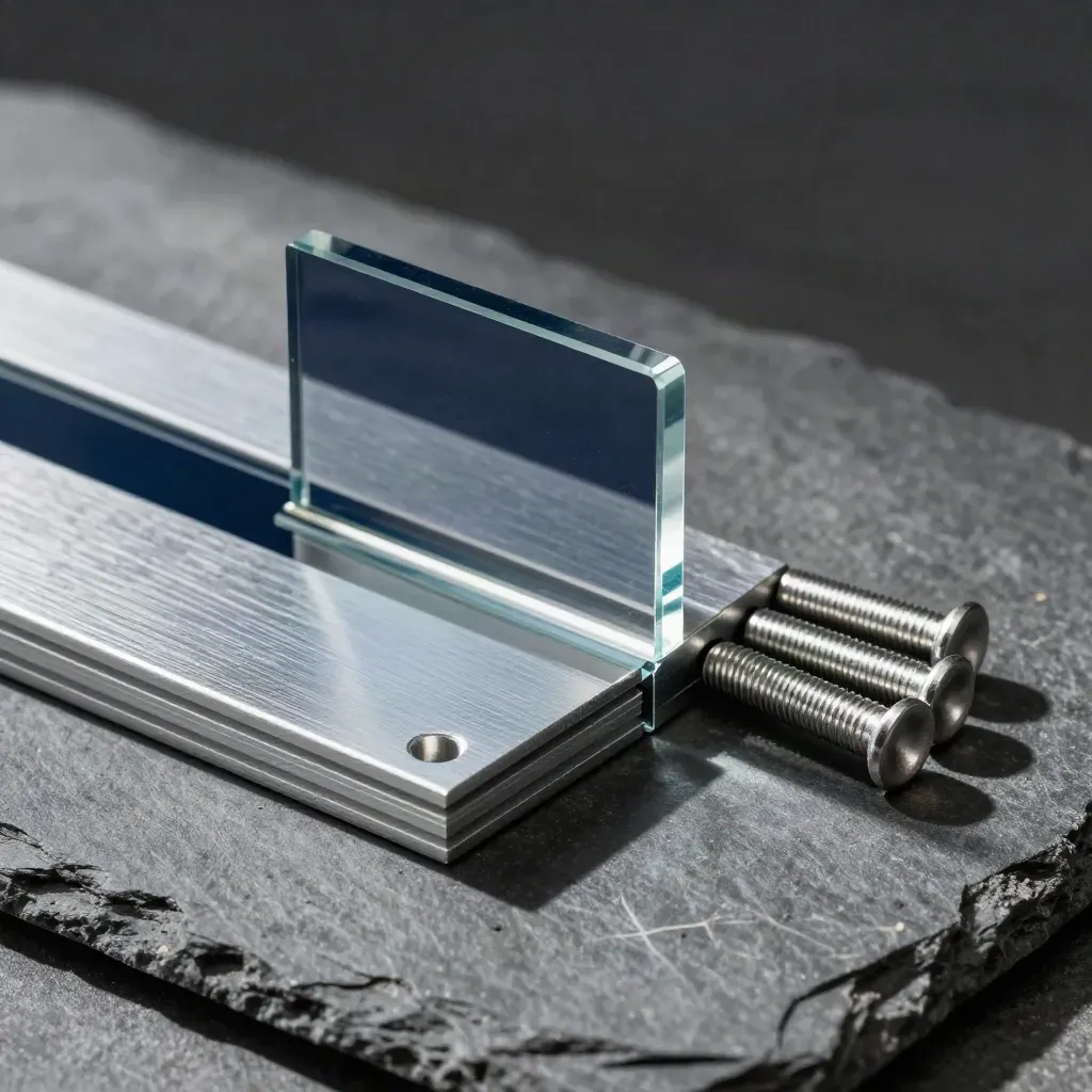 Aluminum brackets and acrylic spacer snapping into place on graphite stone, lit from above.