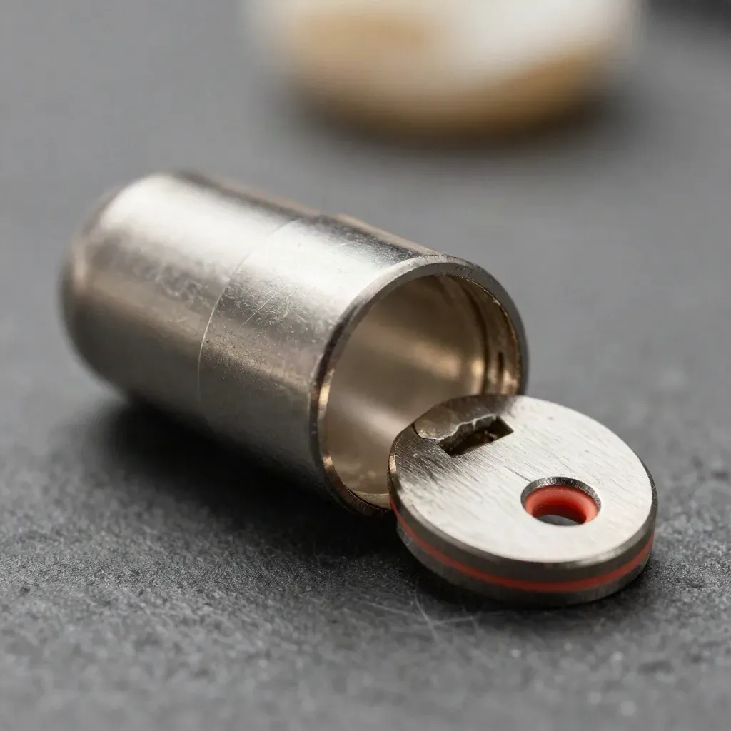 Macro of metal connector pieces nested together on dark stone with a coral accent.