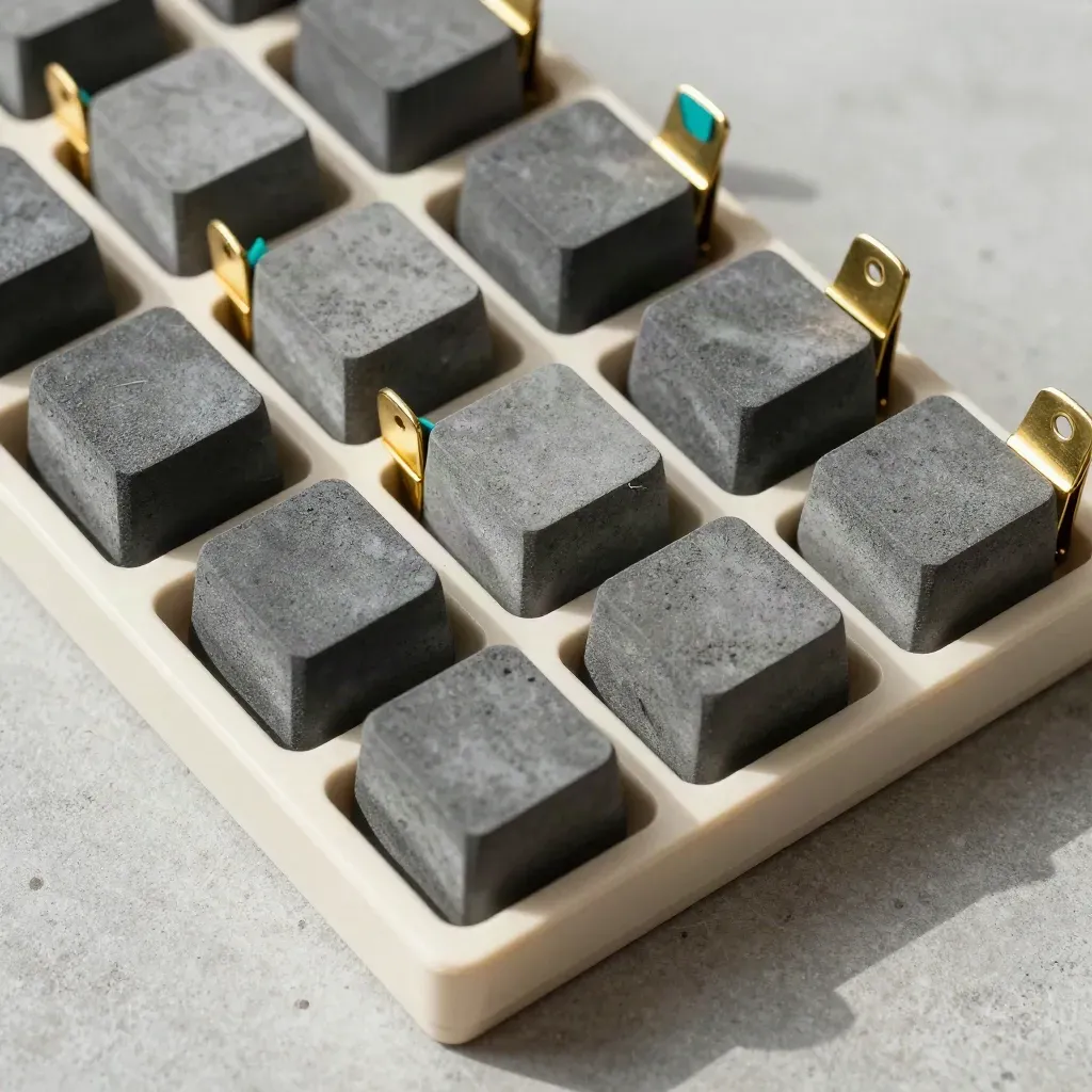 Graphite blocks in a paper tray with brass clips, overhead on concrete.