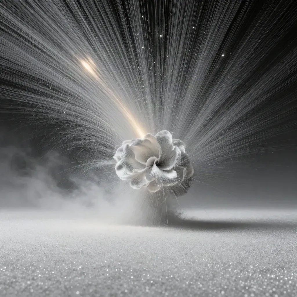 Silver particle streams bloom off-centre in graphite haze, leaving calm space for copy.