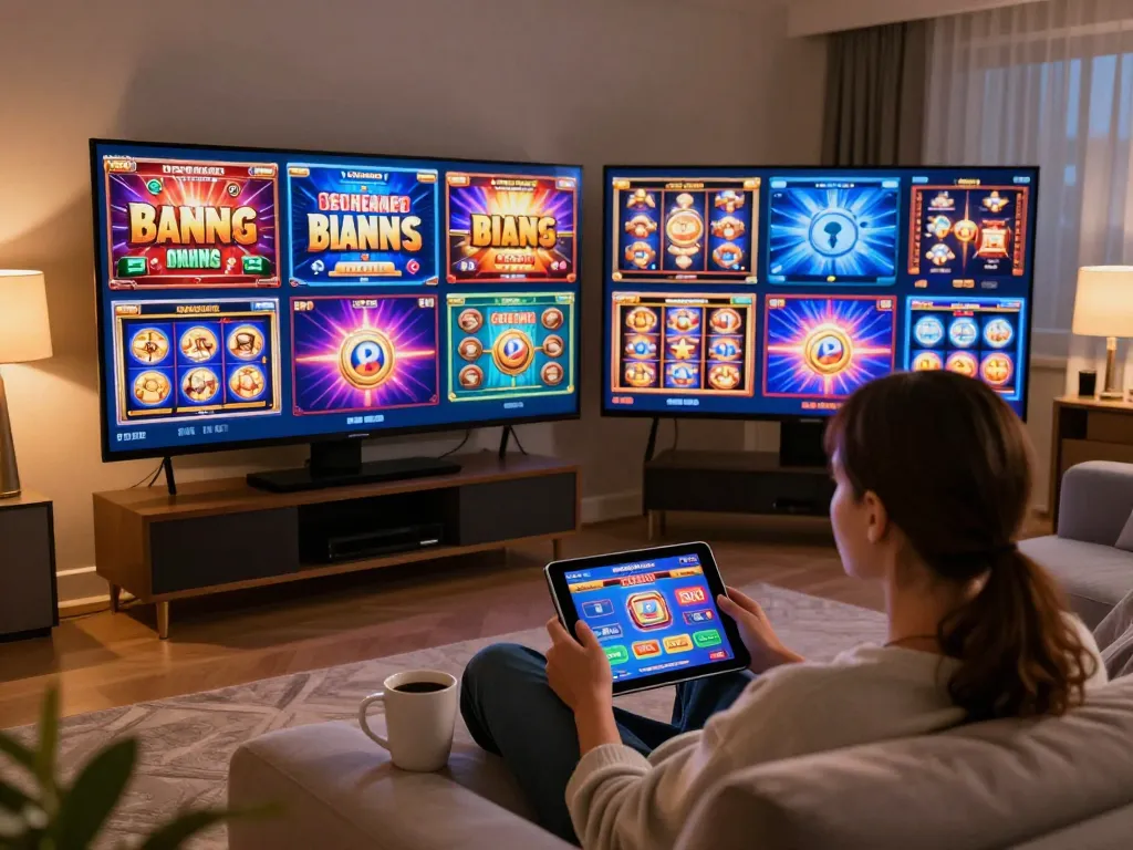 Engaging with casino online gratis senza registrazione on a cozy tablet setup, surrounded by warm lighting and colorful game screens