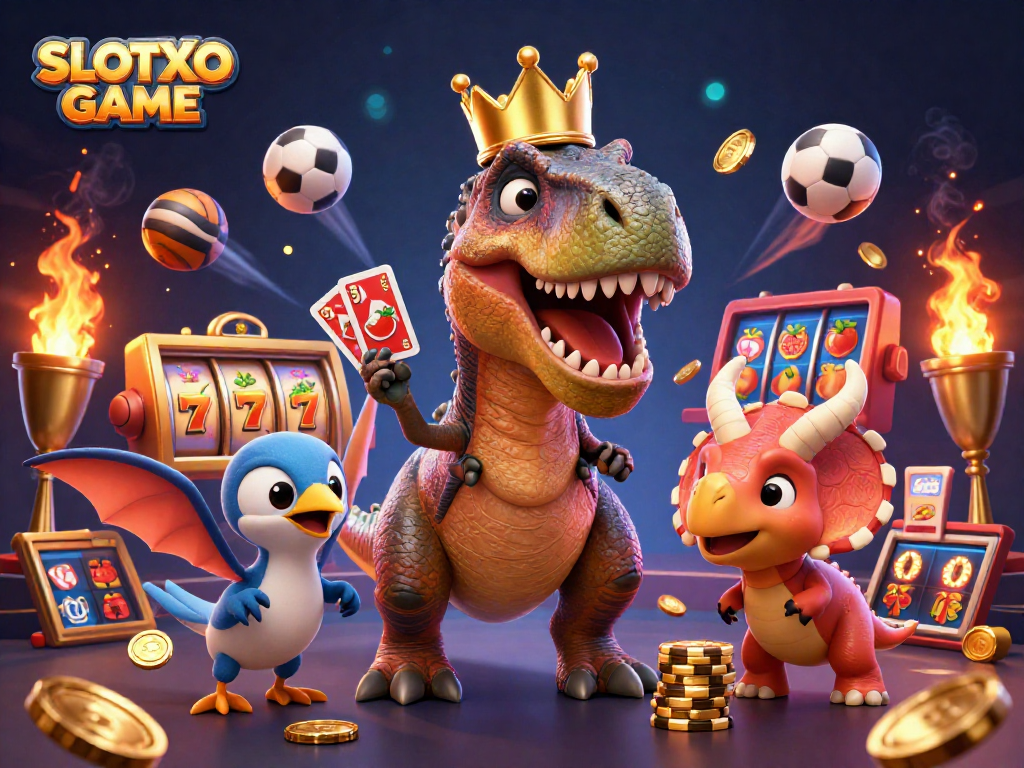 เกมสล็อต SLOTXO GAME ที่ตื่นเต้นพร้อมการ์ตูน T-Rex สวมมงกุฎทองและการ์ตูนอื่น ๆ ที่มีบรรยากาศคาสิโนสุดน่ารัก