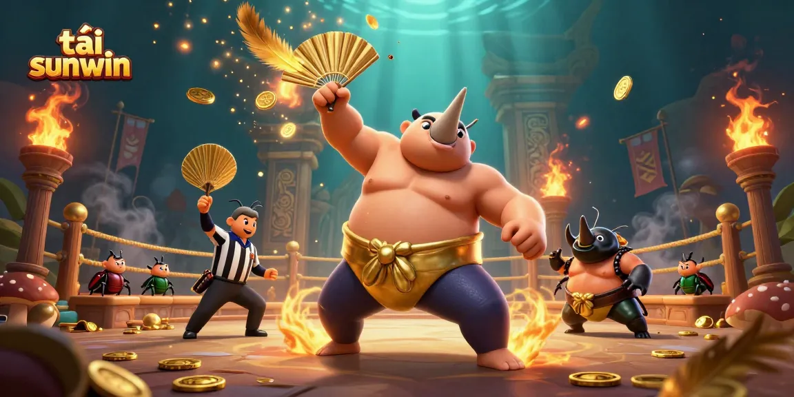 Experience tải sunwin excitement with a vibrant illustration of a sumo beetle champion and fluttering coins in a dynamic casino setting.