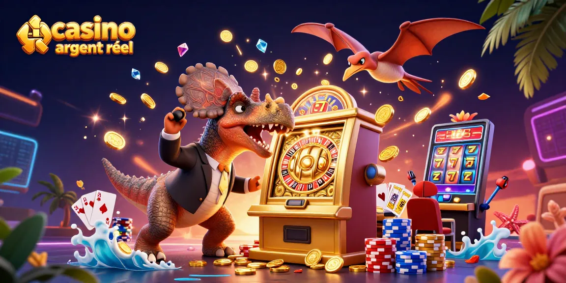 Des jeux palpitants au casino en ligne argent réel avec une machine à sous dorée et des pièces d'or volantes.