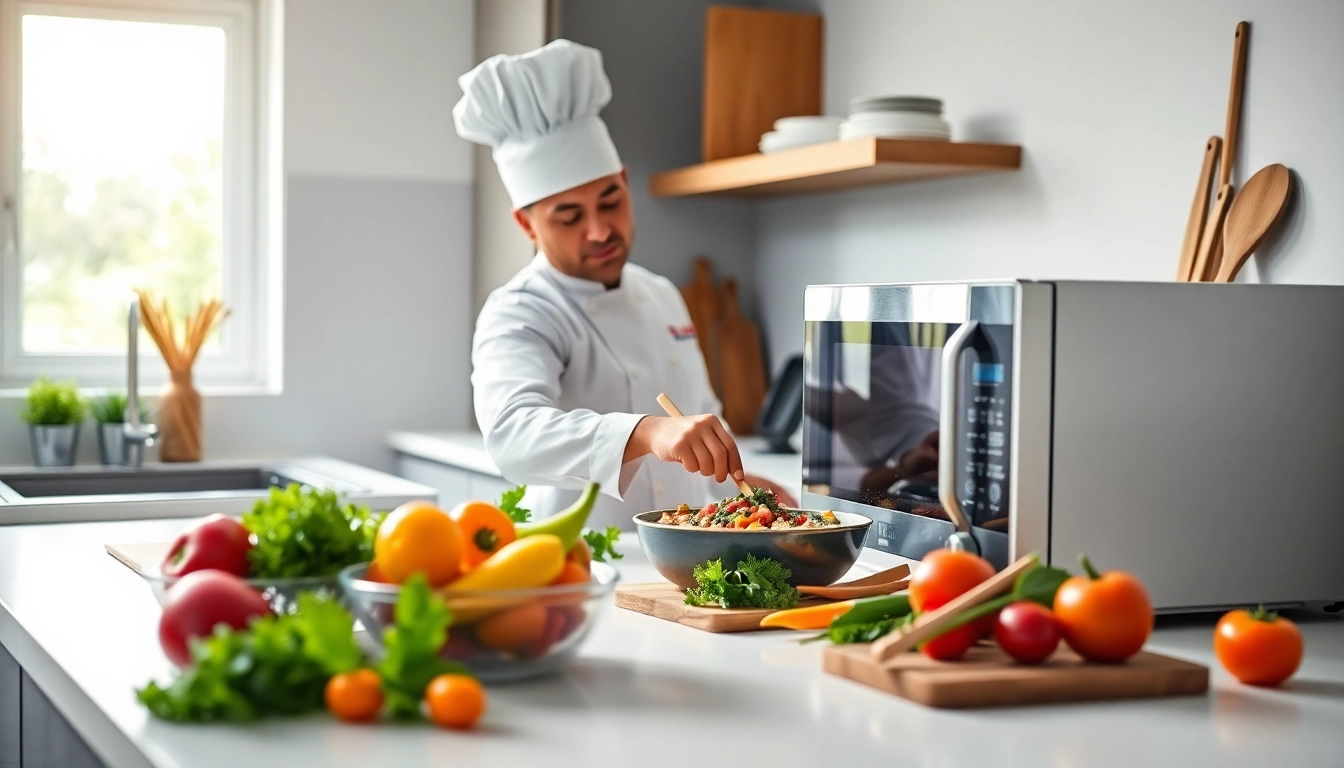 Showcasing an affordable microwave oven in a modern kitchen setting while preparing a meal.