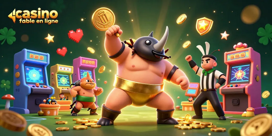 Illustration dynamique de casino fiable en ligne avec un scarabée sumo et des éléments de jeux colorés.