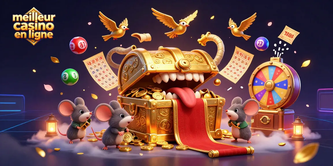 Illustration dynamique représentant le meilleur casino en ligne, avec une boîte à trésor et des ballons de loterie